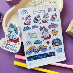 Rainbow unicorns kiss cut sticker sheet