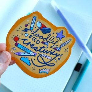 Novelty sticker with cute quote - doodles feed creativity. Colourful die cut sticker perfect for planning, journalling or sticker books