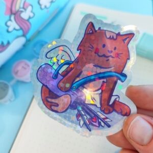 Ginger from the Maru and Ginger Smiley1starrs Novelty sticker set, with cupid arrows, cute shiny sticker with easy peel, holographic rainbow vinyl sticker, perfect for bottles, laptops and other customisation or just journal and planner sticking.