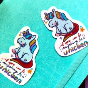 Cute unicorn sticker with millky vinyl or shining laminate, waterproof and durable, perfect for laptop, water bottle sticking and other customisations