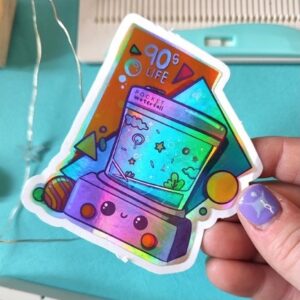 90s Life Series - Pocket waterfall, Printed on Holographic sticker paper printed with eco-solvent ink and are liquid laminated for extra protection against scratches and the elements. perfect for laptops, water bottle customisations or even journals and planners for the nostalgia of growing up in the nineties