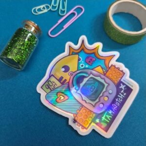 76x77mm Weatherproof die-cut nineties nostalgia sticker of virtual pets and arcade games invented before console, perfect for laptop, waterbottle or other customisations, cute colours and perfect for that nineties kid