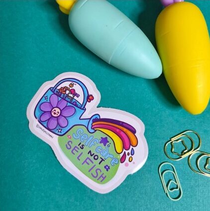 Self care white gloss weatherproof vinyl die-cut sticker, perfect for mobile phone, waterbottles or laptops or general journal and planning.