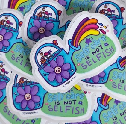 Self care white gloss weatherproof vinyl die-cut sticker, perfect for mobile phone, waterbottles or laptops or general journal and planning.