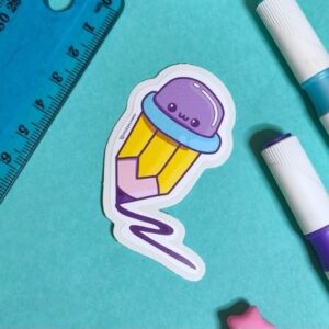 cute kawaii pencil with scratches sticker, perfect for journals and planners. Printed on matte vinyl, locally made and illustrated by Smiley1starrs