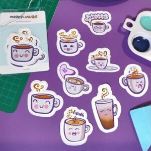 8 die cut stickers for coffee fanatics, moody mugs set, perfect for journal or planning or scrapbooking