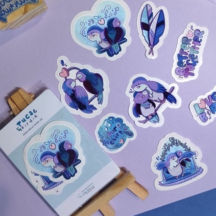 Cute die cut sticker set bird theme called Tuca and Birdie love birds, 8 stickers with cute designs perfect for journal and planners with purple and blue theme