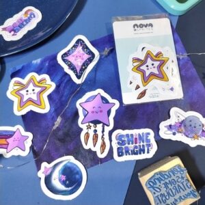 Journal die cut sticker set with star theme, nova sprites, set of kawaii style star stickers with cute faces and colours with their own story and collector card