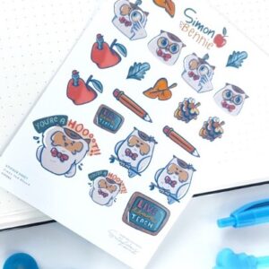 Simon and Bennie sticker sheet, a6 kiss cut sticker sheet, autumn colours, perfect for teachers looking to add some colour to their marking, you're a hoot, live,learn,teach, red teacher apple, cute owl and worm characters, can be used for journalling or planning