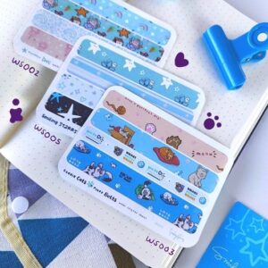 Washi sample sheets with different designs, themes of cats, stars and cute fairy perfect for planning and journal sticker adds